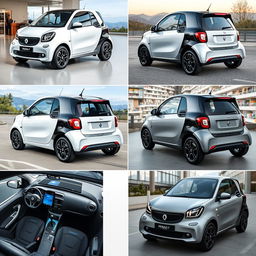 A collection of images featuring a compact electric smart vehicle from RENAULT with sporty characteristics, showcasing it from various angles like front, side, and rear views