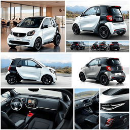 A collection of images featuring a compact electric smart vehicle from RENAULT with sporty characteristics, showcasing it from various angles like front, side, and rear views