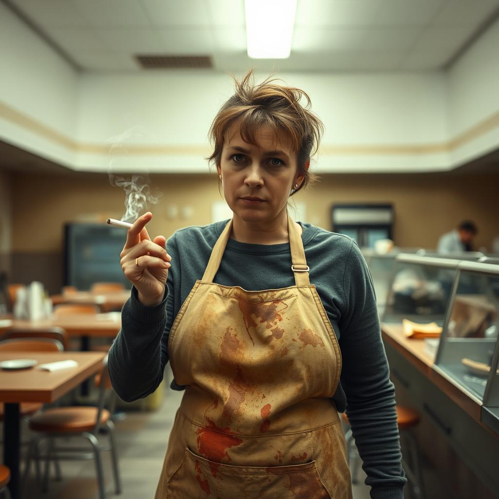 A university cafeteria manager who appears unkempt and disinterested in her work