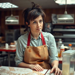 A university cafeteria manager who appears unkempt and disinterested in her work