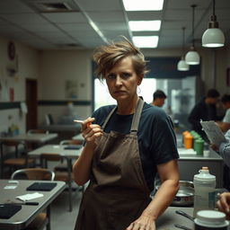 A university cafeteria manager who appears unkempt and disinterested in her work