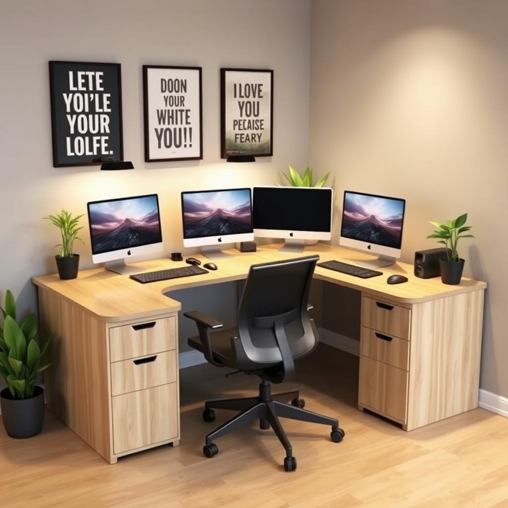 A compact L-shaped desk designed for four desktop computers, perfectly fitting into a room measuring 2 meters by 1