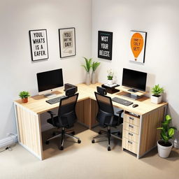 A compact L-shaped desk designed for four desktop computers, perfectly fitting into a room measuring 2 meters by 1