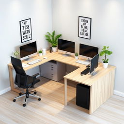 A compact L-shaped desk designed for four desktop computers, perfectly fitting into a room measuring 2 meters by 1