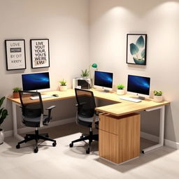 A compact L-shaped desk designed for four desktop computers, perfectly fitting into a room measuring 2 meters by 1