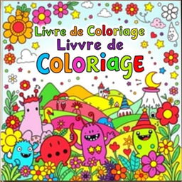 A vibrant and playful coloring book cover for children, featuring whimsical characters such as cute animals, friendly monsters, and enchanting landscapes