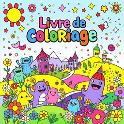 A vibrant and playful coloring book cover for children, featuring whimsical characters such as cute animals, friendly monsters, and enchanting landscapes