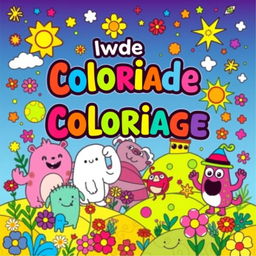 A vibrant and playful coloring book cover for children, featuring whimsical characters such as cute animals, friendly monsters, and enchanting landscapes