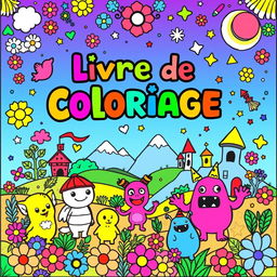 A vibrant and playful coloring book cover for children, featuring whimsical characters such as cute animals, friendly monsters, and enchanting landscapes