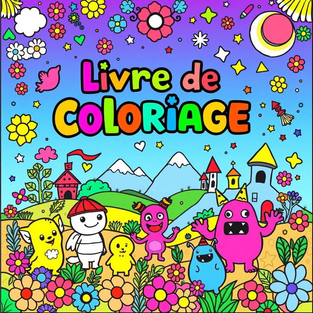 A vibrant and playful coloring book cover for children, featuring whimsical characters such as cute animals, friendly monsters, and enchanting landscapes