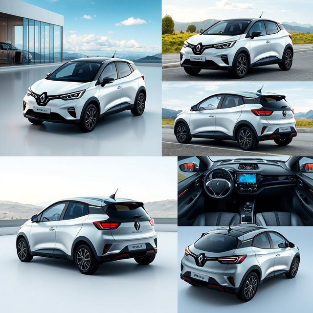 A collection of images featuring a compact electric vehicle from RENAULT with sporty and modern characteristics, showcasing it from various angles including front, side, and rear views