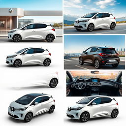 A collection of images featuring a compact electric vehicle from RENAULT with sporty and modern characteristics, showcasing it from various angles including front, side, and rear views