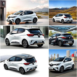 A collection of images featuring a compact electric vehicle from RENAULT with sporty and modern characteristics, showcasing it from various angles including front, side, and rear views