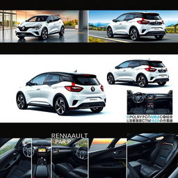 A collection of images featuring a compact electric vehicle from RENAULT with sporty and modern characteristics, showcasing it from various angles including front, side, and rear views