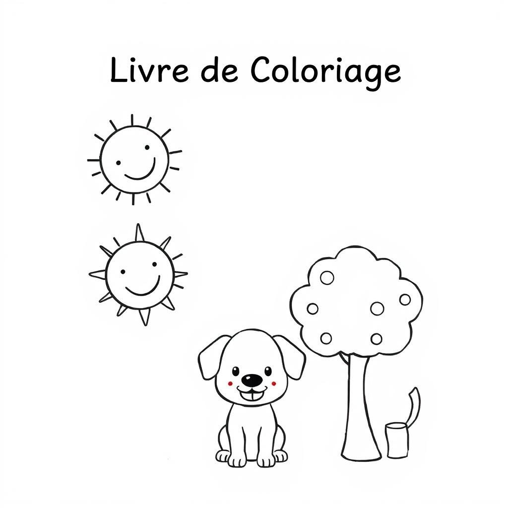 A simple and charming coloring book cover for children, featuring a few cute and easy-to-color characters like a smiling sun, a friendly tree, and a playful puppy