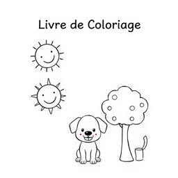 A simple and charming coloring book cover for children, featuring a few cute and easy-to-color characters like a smiling sun, a friendly tree, and a playful puppy