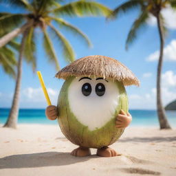 A young coconut character sipping delicious coconut water from a straw, enjoying the tropical vibe with a beach and palm trees in the background.