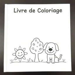 A simple and charming coloring book cover for children, featuring a few cute and easy-to-color characters like a smiling sun, a friendly tree, and a playful puppy