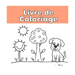 A simple and charming coloring book cover for children, featuring a few cute and easy-to-color characters like a smiling sun, a friendly tree, and a playful puppy