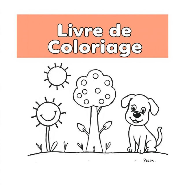 A simple and charming coloring book cover for children, featuring a few cute and easy-to-color characters like a smiling sun, a friendly tree, and a playful puppy