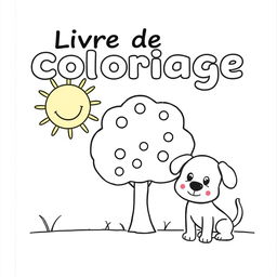 A simple and charming coloring book cover for children, featuring a few cute and easy-to-color characters like a smiling sun, a friendly tree, and a playful puppy