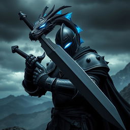 A knight clad in black armor, wielding a two-handed sword with a sleek black blade