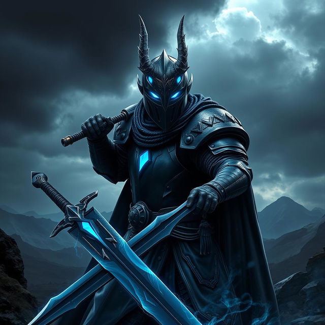 A knight clad in black armor, wielding a two-handed sword with a sleek black blade