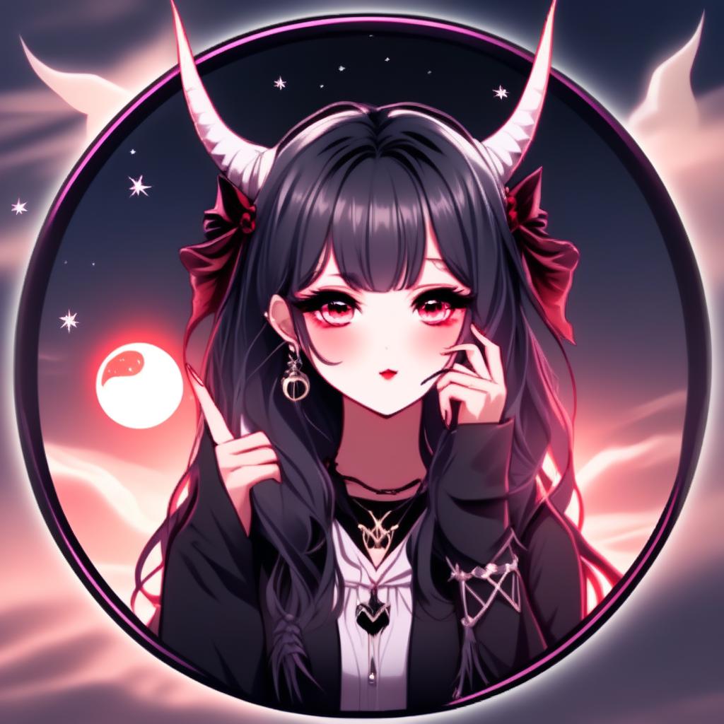 Anime profile picture of a beautiful woman with devilish horns and gothic attire, making a peace sign, encased within a cool circle border, set against a moody, moonlit landscape, overlaid with the text 'Good Night' in a romantic font.