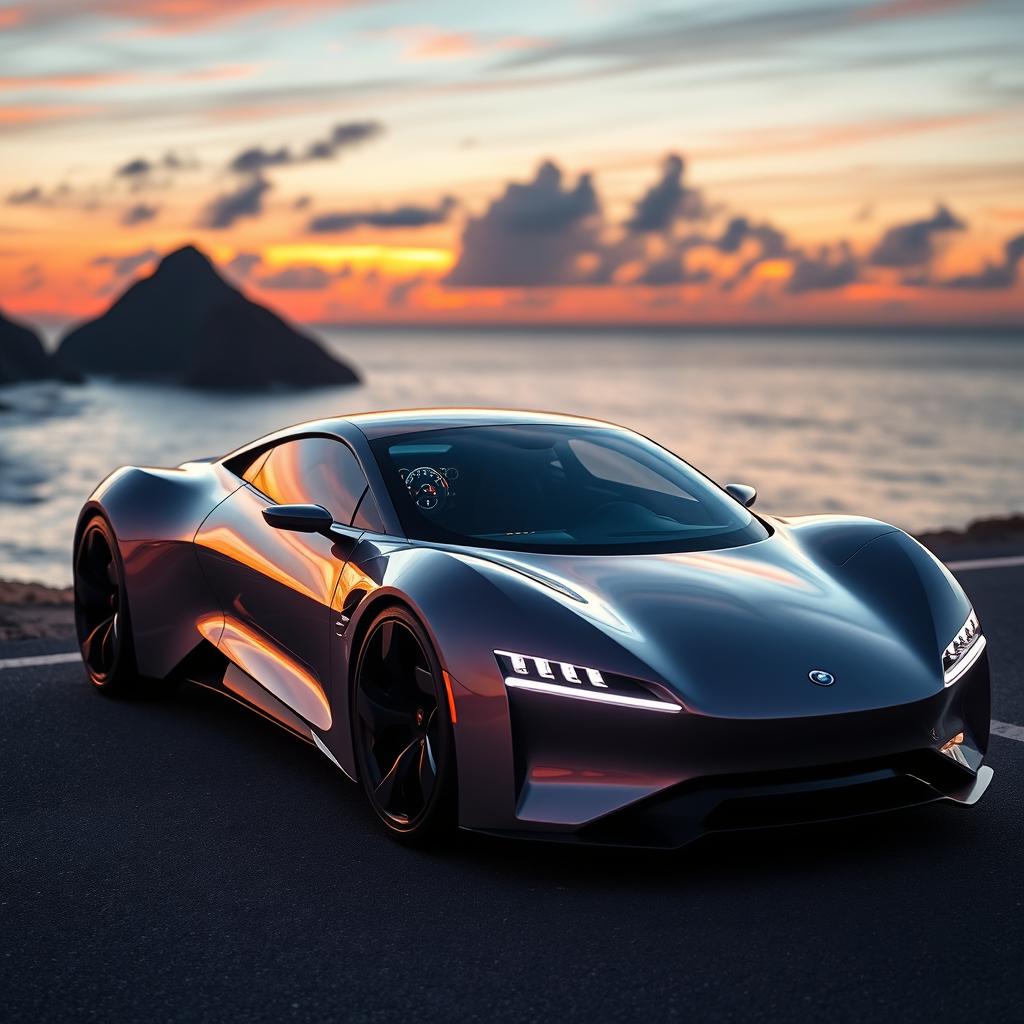 A sleek and futuristic electric sports car designed for high performance, featuring a streamlined body, aerodynamic curves, and bold LED headlights