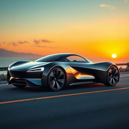 A sleek and futuristic electric sports car designed for high performance, featuring a streamlined body, aerodynamic curves, and bold LED headlights