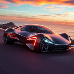 A sleek and futuristic electric sports car designed for high performance, featuring a streamlined body, aerodynamic curves, and bold LED headlights