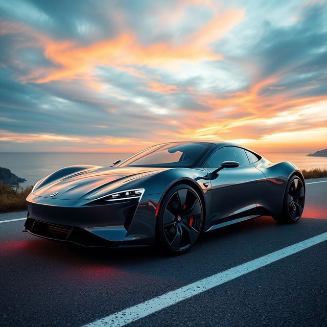 A sleek and futuristic electric sports car designed for high performance, featuring a streamlined body, aerodynamic curves, and bold LED headlights