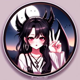 Anime profile picture of a beautiful woman with devilish horns and gothic attire, making a peace sign, encased within a cool circle border, set against a moody, moonlit landscape, overlaid with the text 'Good Night' in a romantic font.