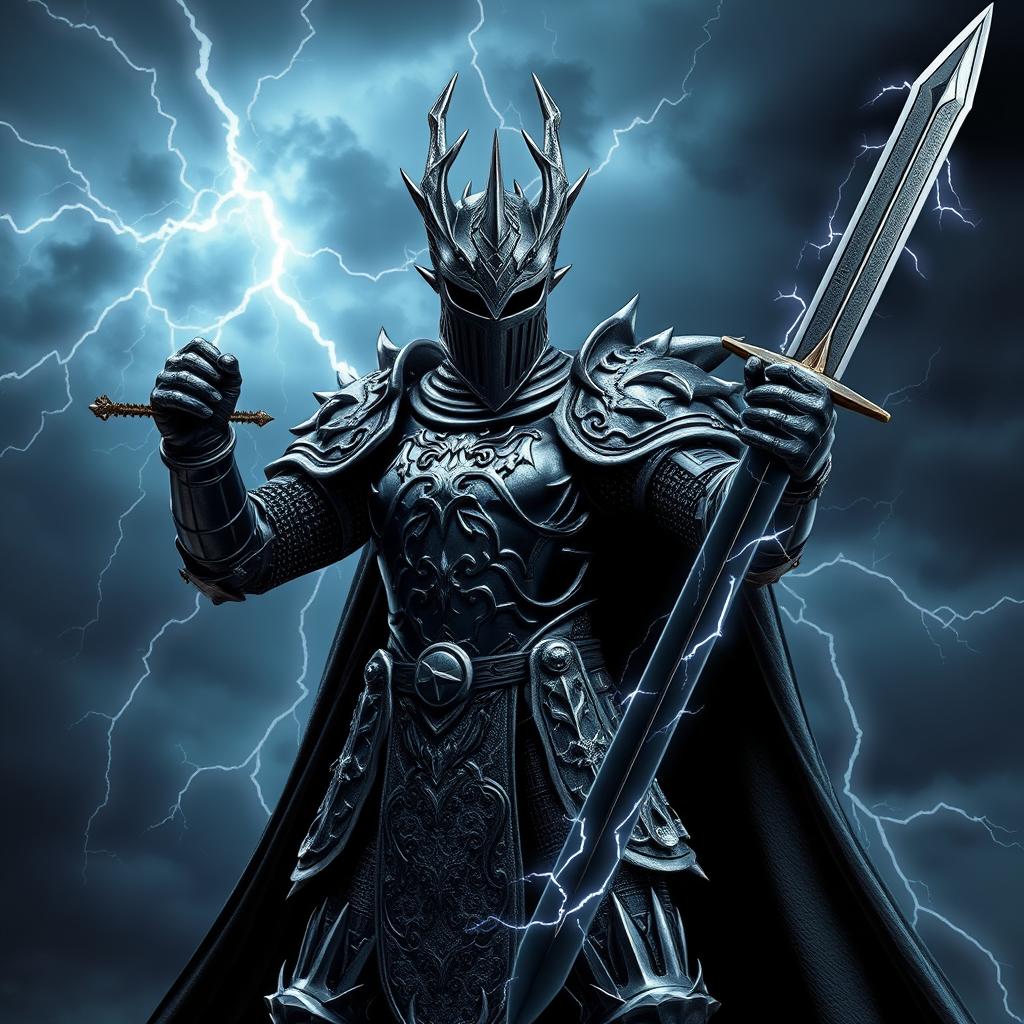 A knight in black armor standing heroically, wielding a long sword with a sleek black blade, wearing a dragon-themed helmet that has electric motifs and crackling electricity dancing around it