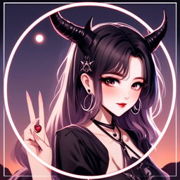 Anime profile picture of a beautiful woman with devilish horns and gothic attire, making a peace sign, encased within a cool circle border, set against a moody, moonlit landscape, overlaid with the text 'Good Night' in a romantic font.