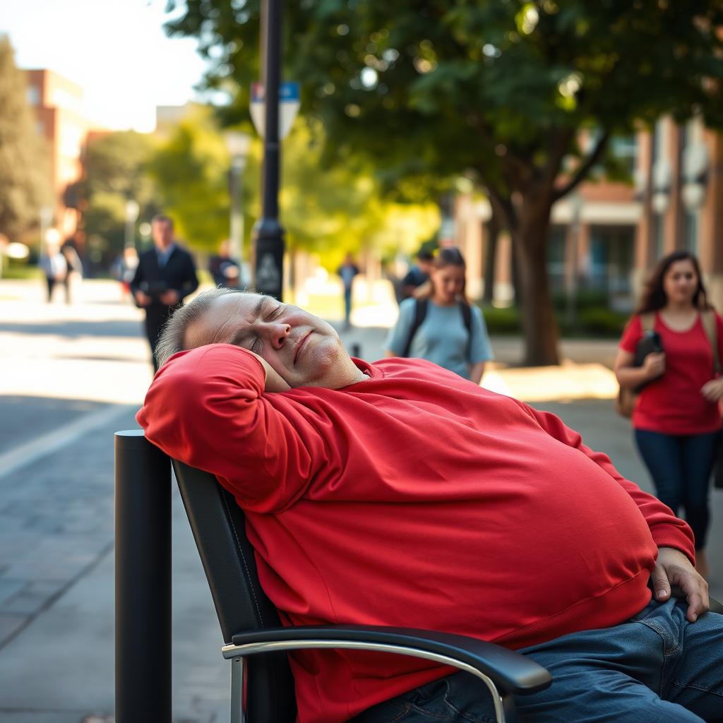 A university security guard, robust and middle-aged, is seen sleeping at his post located near the university entrance