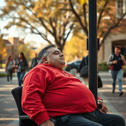 A university security guard, robust and middle-aged, is seen sleeping at his post located near the university entrance