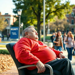 A university security guard, robust and middle-aged, is seen sleeping at his post located near the university entrance