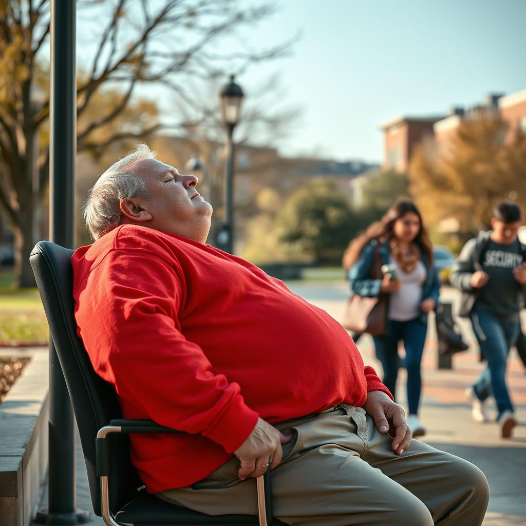 A university security guard, robust and middle-aged, is seen sleeping at his post located near the university entrance