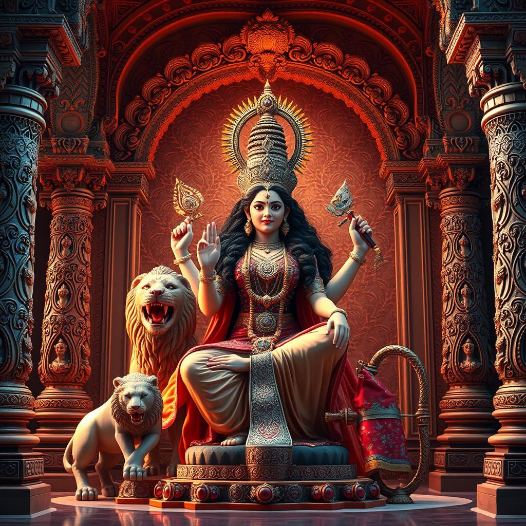 A powerful portrayal of the Indian goddess Durga Mata sitting majestically in a beautifully ornate temple