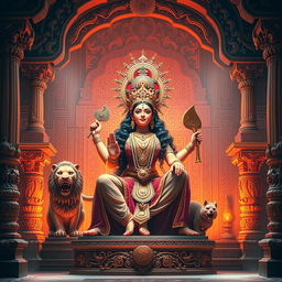 A powerful portrayal of the Indian goddess Durga Mata sitting majestically in a beautifully ornate temple