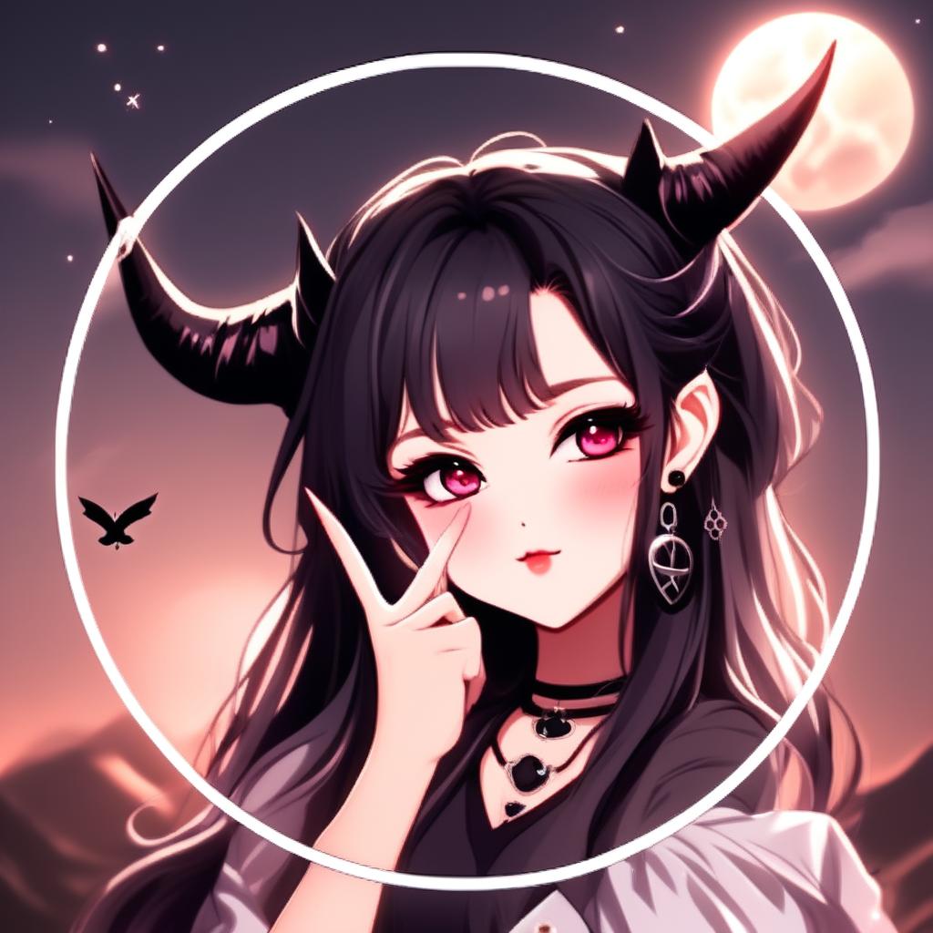 Anime profile picture of a beautiful woman with devilish horns and gothic attire, making a peace sign, encased within a cool circle border, set against a moody, moonlit landscape, overlaid with the text 'Good Night' in a romantic font.