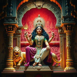 A powerful portrayal of the Indian goddess Durga Mata sitting majestically in a beautifully ornate temple