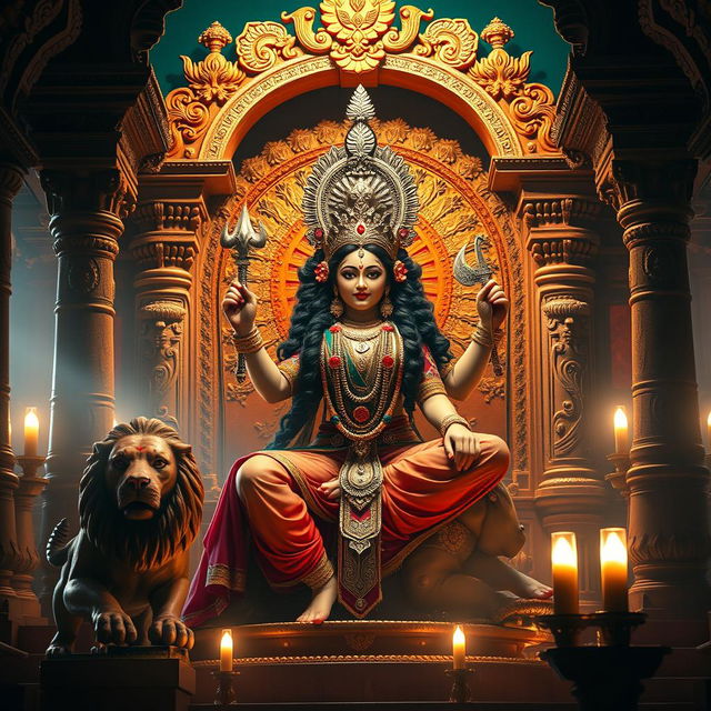 A powerful portrayal of the Indian goddess Durga Mata sitting majestically in a beautifully ornate temple