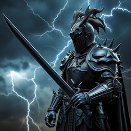 A knight in black armor with a long sword featuring a dagger embedded in its hilt, all with a sleek black blade