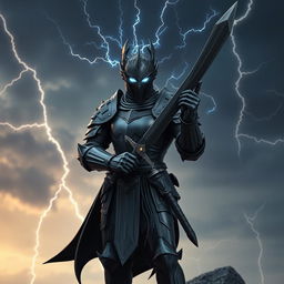 A knight in black armor with a long sword featuring a dagger embedded in its hilt, all with a sleek black blade