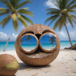 A young coconut personified as an observant watcher, peering through binoculars made of smaller coconuts, exploring the busy beach scene surrounded by palm trees and azure sea.