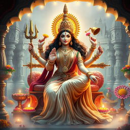 An artistic depiction of the Indian goddess Durga Mata gracefully seated in a temple, surrounded by colorful offerings and intricate temple architecture, radiating divine energy and strength