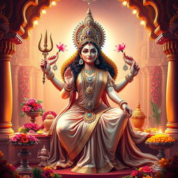 An artistic depiction of the Indian goddess Durga Mata gracefully seated in a temple, surrounded by colorful offerings and intricate temple architecture, radiating divine energy and strength