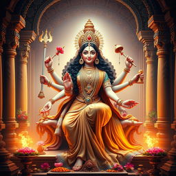 An artistic depiction of the Indian goddess Durga Mata gracefully seated in a temple, surrounded by colorful offerings and intricate temple architecture, radiating divine energy and strength